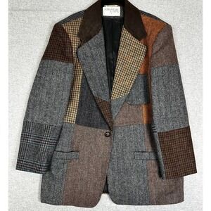 International Scene Patchwork Wool Tweed Blazer Suede Collar Brown Grey SEE MEAS
